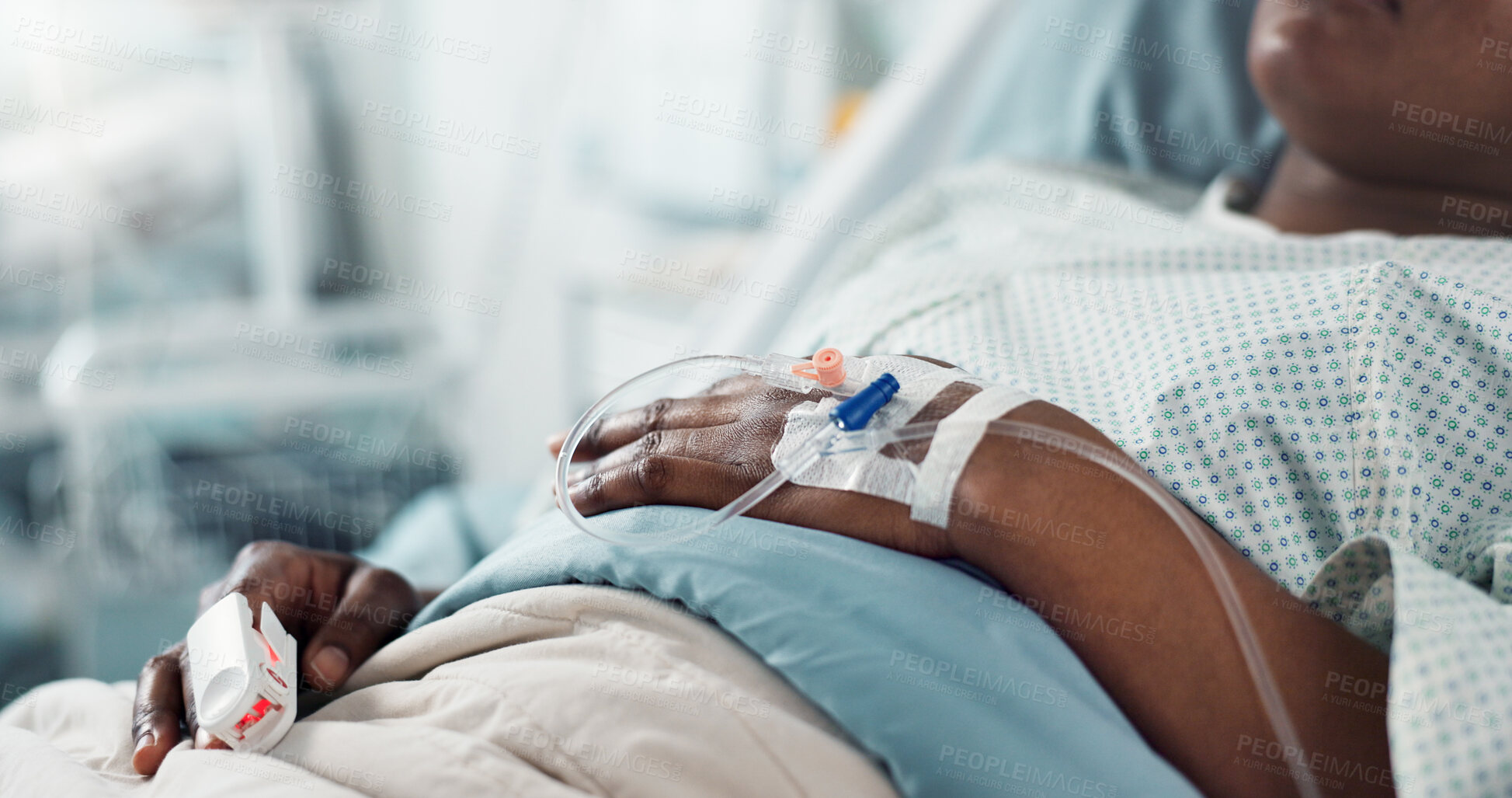Buy stock photo Patient hand, bed and drip in closeup, hospital or treatment for hydration, liquid or supplement. Person, healthcare and wellness with blood transfusion, anesthesia or pharma drugs for pain in clinic