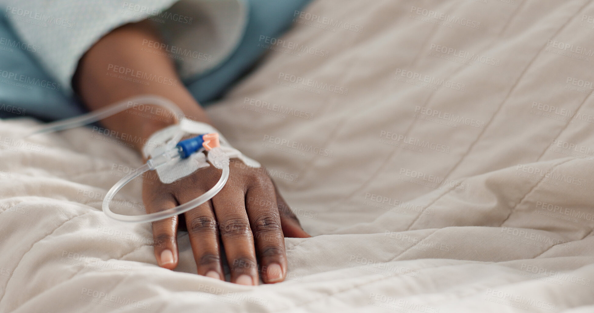 Buy stock photo Person hand, bed and drip in closeup, clinic or treatment for hydration, liquid or supplement. Patient, healthcare and wellness with blood transfusion, anesthesia or pharma drugs for pain in hospital