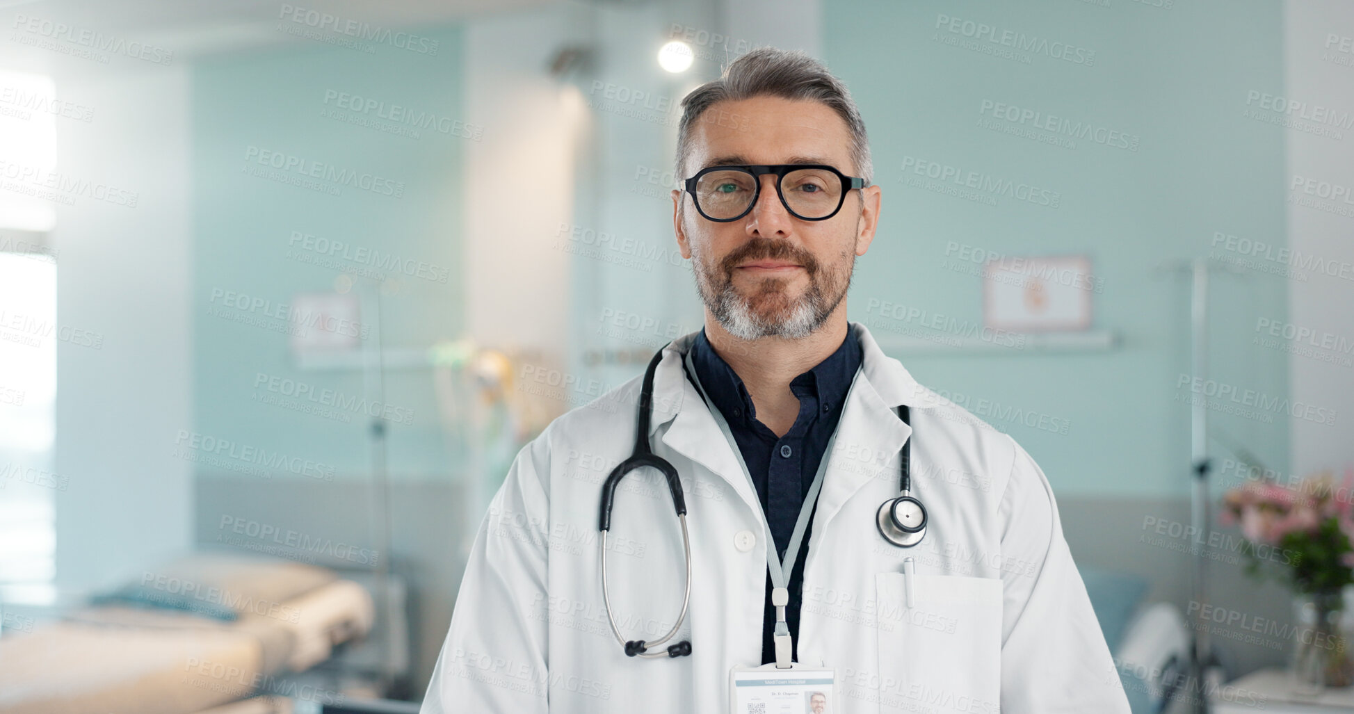 Buy stock photo Healthcare, doctor and man with arms crossed at hospital with smile for support, service and wellness. Medicine, professional and expert with glasses and pride for career, surgery, insurance and care