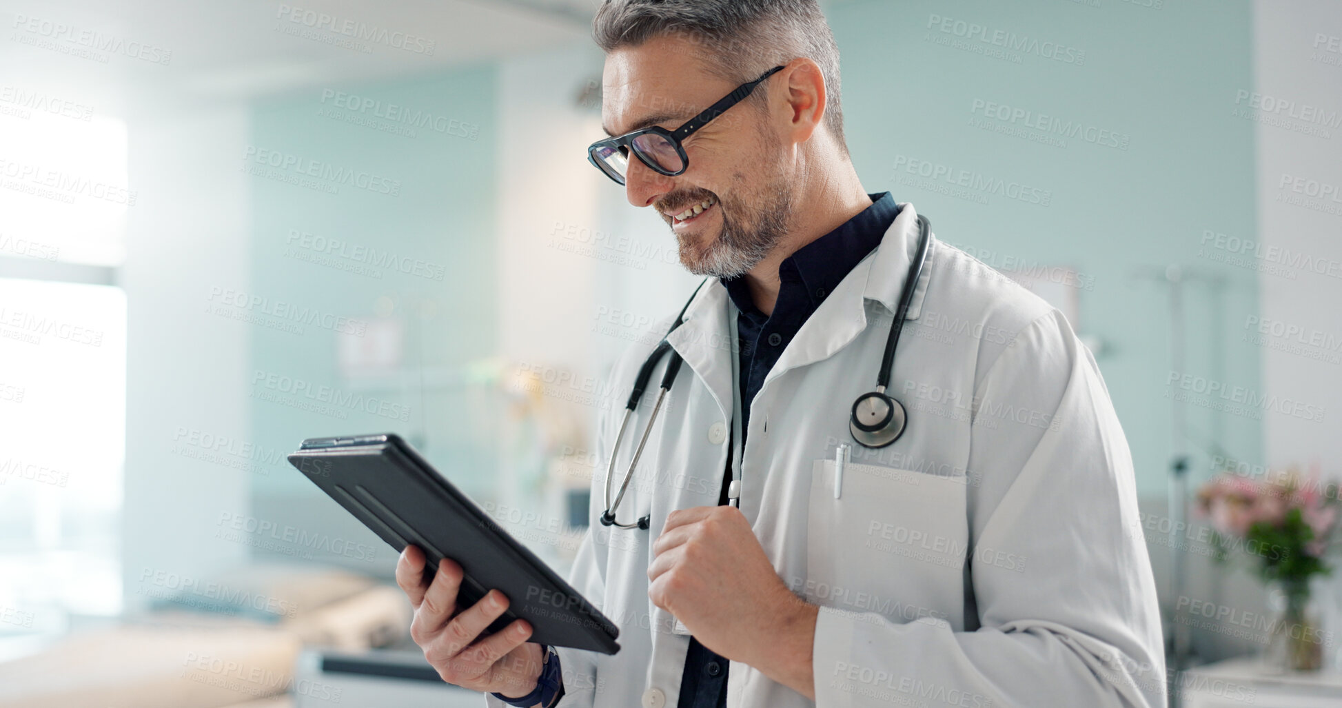 Buy stock photo Healthcare, senior man and doctor with a tablet, typing or research with online results, digital app or internet. Person, employee or medical professional with technology, connection and website info