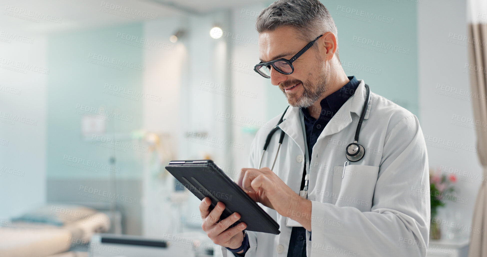 Buy stock photo Healthcare, senior man and doctor with a tablet, typing or research with online results, digital app or internet. Person, employee or medical professional with technology, connection and website info