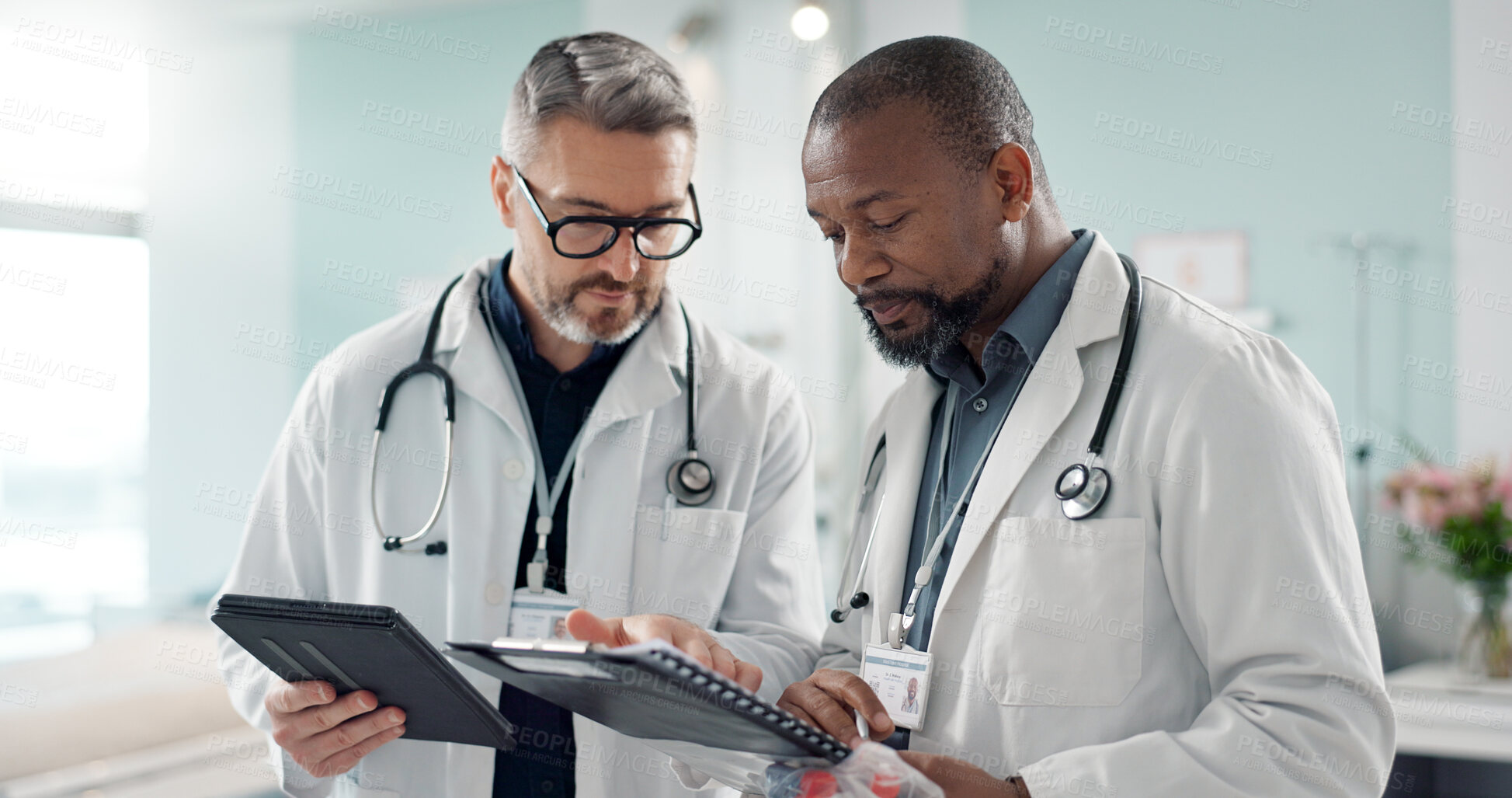 Buy stock photo Doctors, men and tablet for team discussion, planning and advice with innovation, research or problem solving. Diversity, medical partnership and talk with notebook, digital touchscreen and report