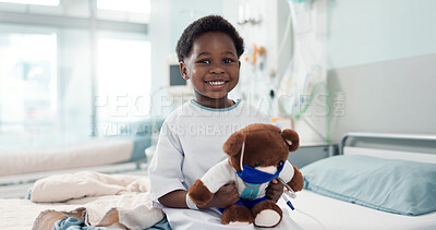 Healthcare, black child and teddy bear in hospital for surgery recovery, patient and healthy results. Face, boy kid and bed for medical, wellness or toy for relax on bed, rehabilitation and happiness