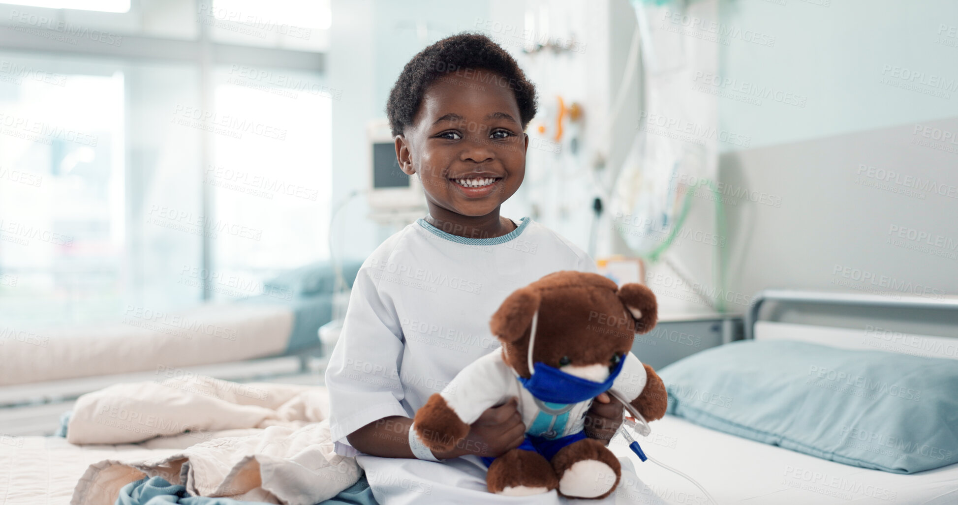 Buy stock photo Healthcare, black child and teddy bear in hospital for surgery recovery, patient and healthy results. Face, boy kid and bed for medical, wellness or toy for relax on bed, rehabilitation and happiness