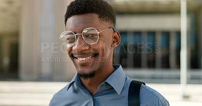 Buy stock photo Business, face and happy black man with glasses in a city for travel, commute or outdoor morning trip. Portrait, smile and confident African male design intern excited to begin new job or career