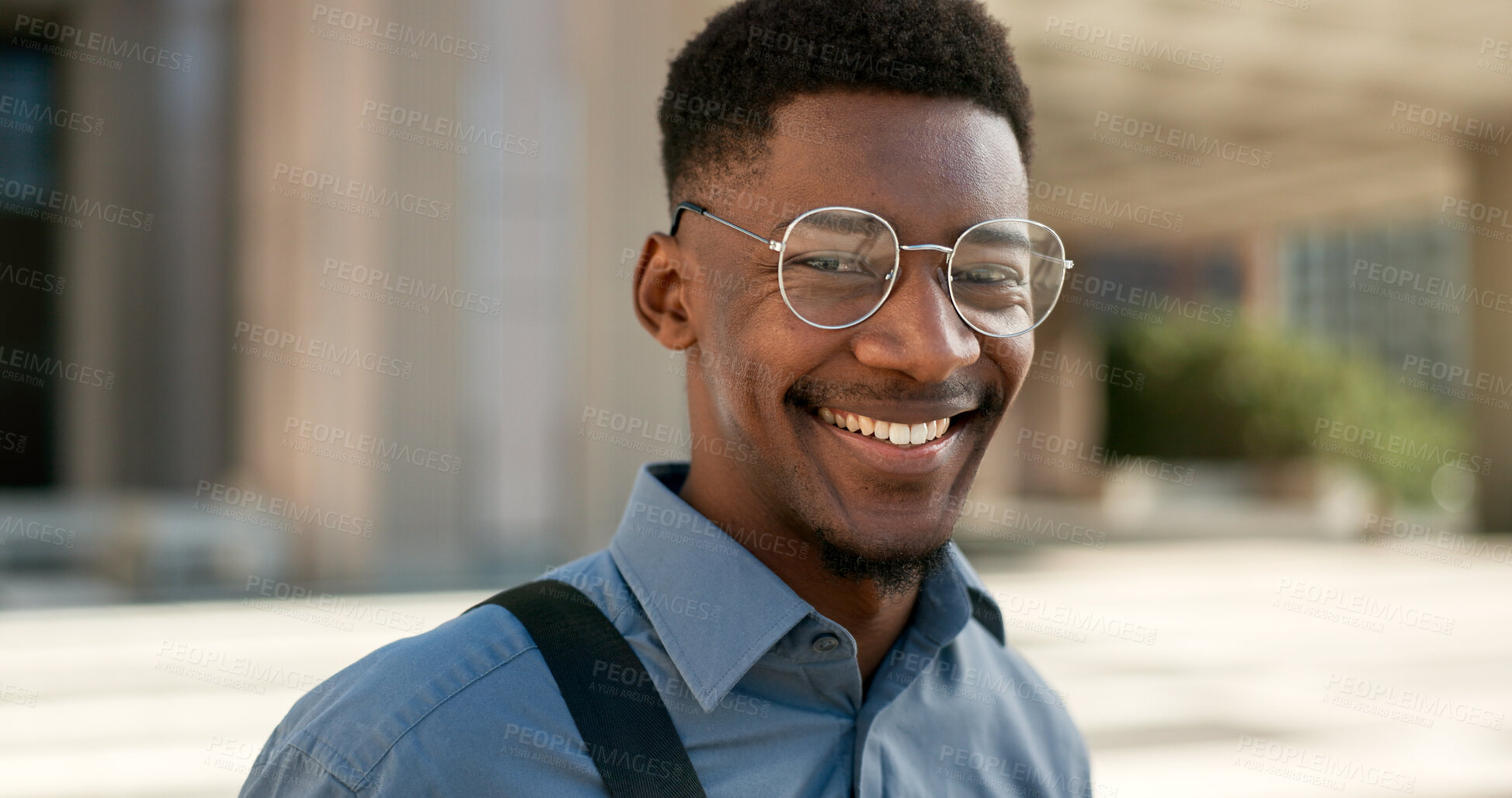 Buy stock photo Business, face and happy black man with glasses in a city for travel, commute or outdoor morning trip. Portrait, smile and confident African male design intern excited to begin new job or career