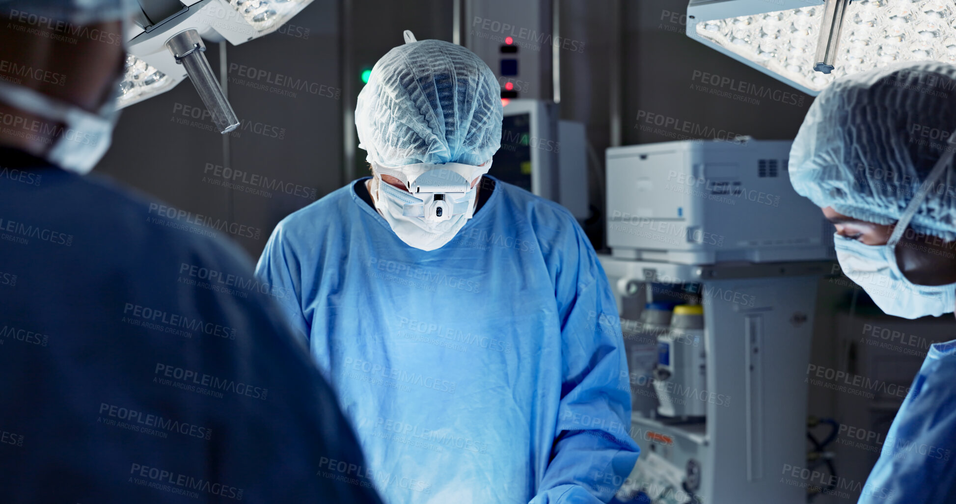 Buy stock photo Doctors, team and surgery in theater with medical support for healthcare, safety and operation room at hospital. Surgeon, medicine and teamwork or collaboration with tools for cardiology or emergency