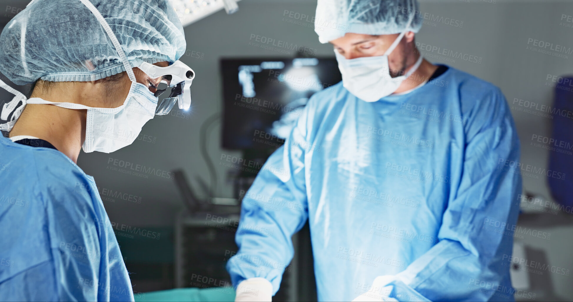 Buy stock photo Doctors, team and surgery in theater with medical support for healthcare, safety and operation room at hospital. Surgeon, medicine and teamwork or collaboration with tools for cardiology or emergency