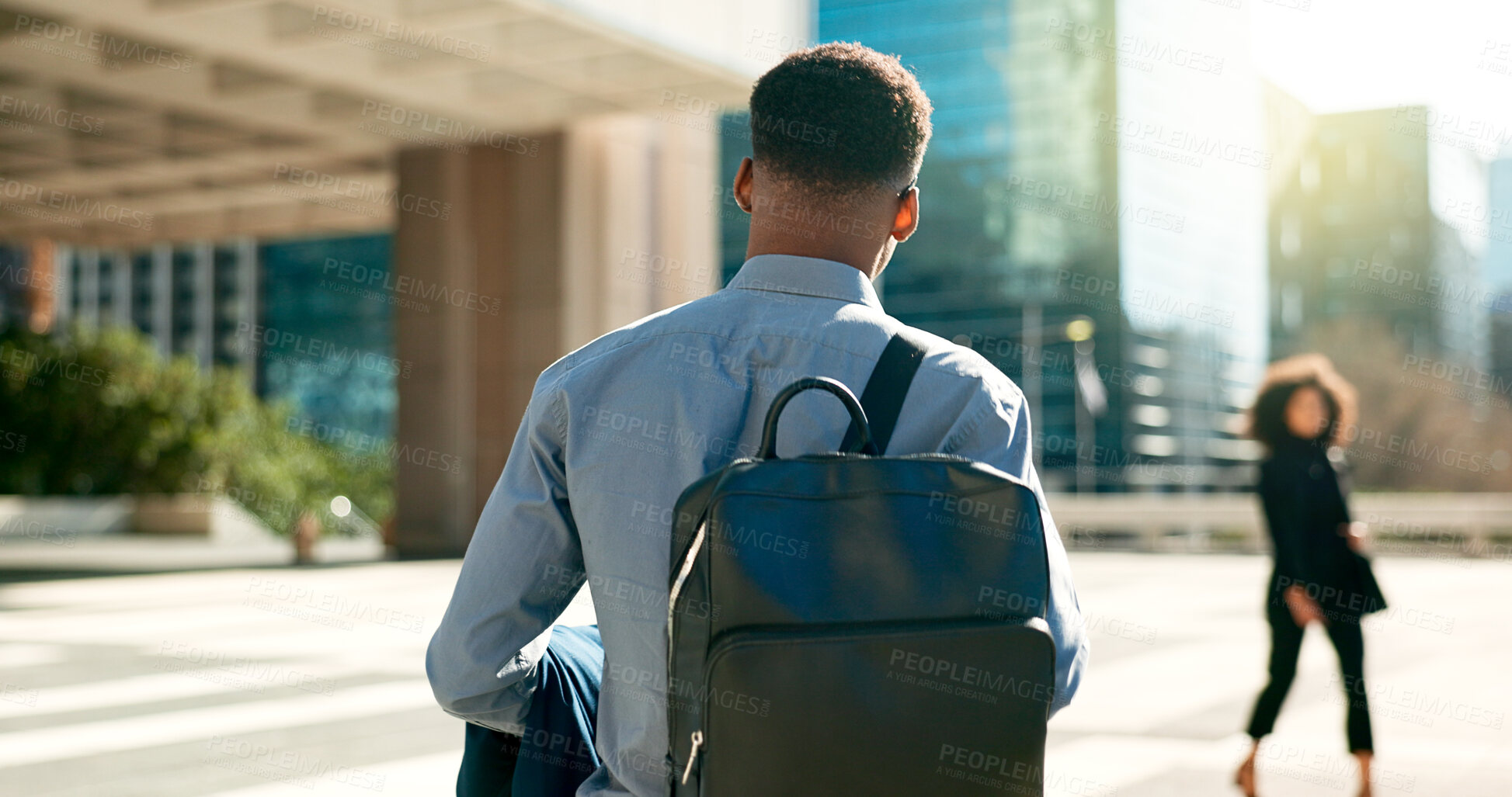 Buy stock photo City, back and business person walking on outdoor urban journey, commute and businessman on way to office building. Backpack, morning and professional agent on morning travel to work in Chicago, USA