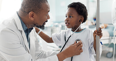Doctor, patient and child with stethoscope, hospital and check up for health, breathing and illness. Smile, playing and pediatrician for wellness, medical and asthma for heart, healthcare or medicine