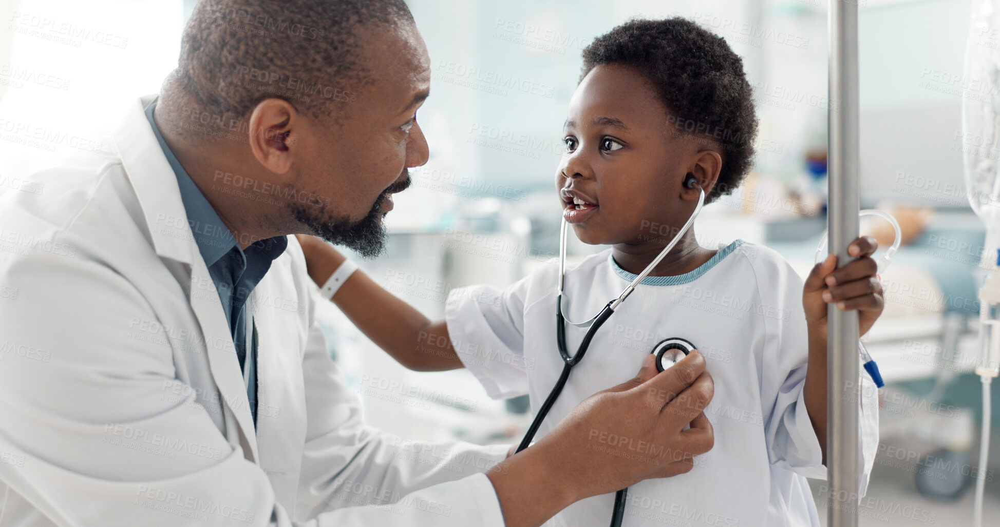 Buy stock photo Doctor, patient and child with stethoscope, hospital and check up for health, breathing and illness. Smile, playing and pediatrician for wellness, medical and asthma for heart, healthcare or medicine