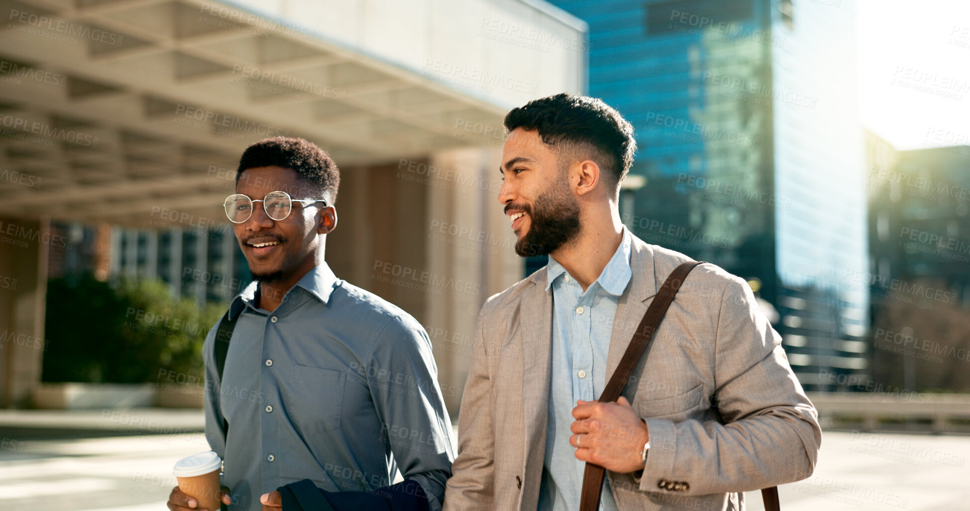 Buy stock photo Outdoor, men and walking with business people, support and planning with happiness, speaking and cooperation. Staff, city and coworkers with feedback, partnership and professional with conversation