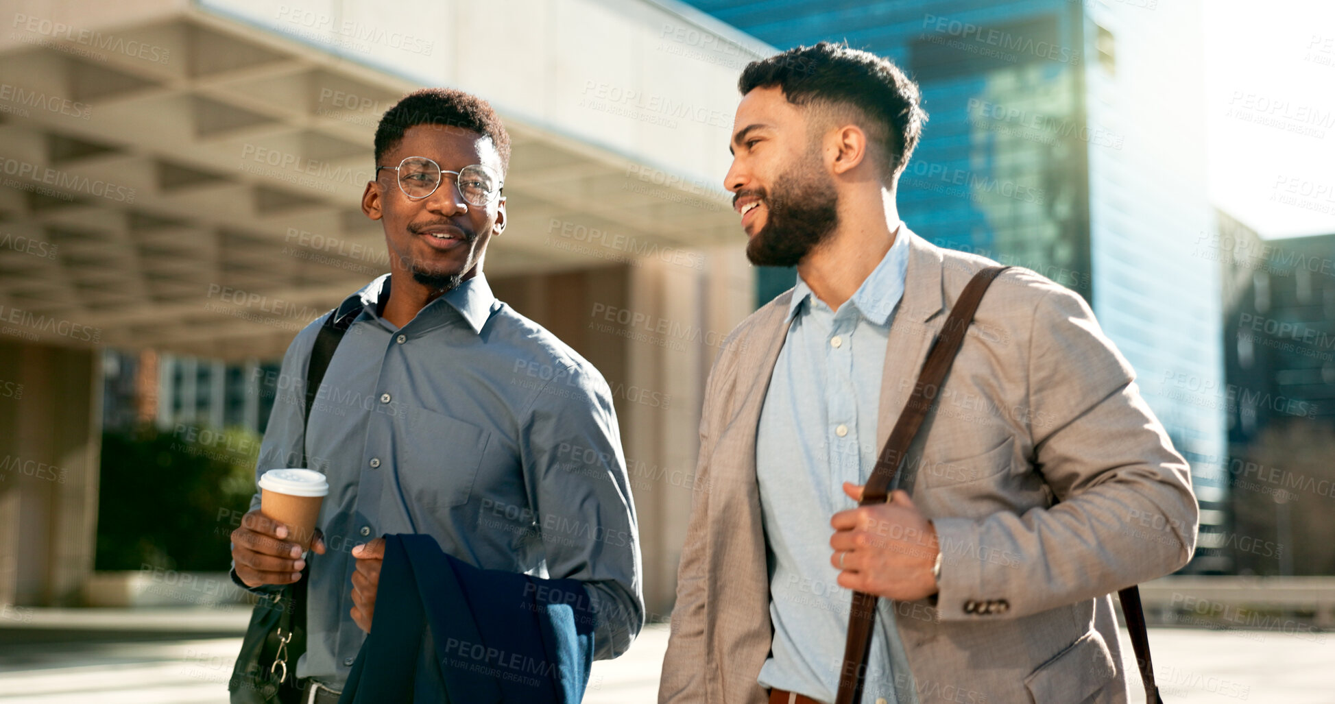 Buy stock photo Smile, talking and walking with business men in the city on their morning commute into work together. Collaboration, planning and ideas with employee partners chatting outdoor in an urban town