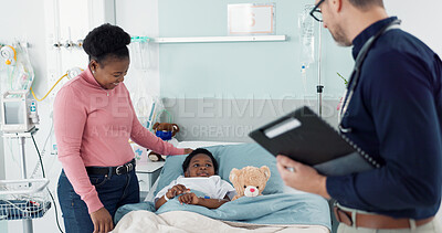Doctor, check and mother with child in hospital, bed or clinic with medical results, info or talking of healthcare. Sick, kid and conversation with patient pediatrician and help with checklist