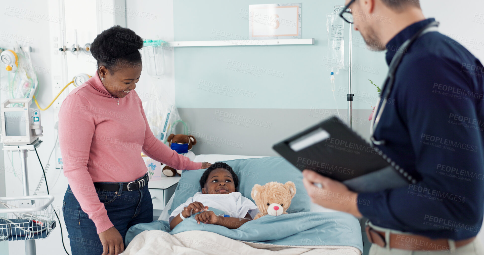 Buy stock photo Doctor, check and mother with child in hospital, bed or clinic with medical results, info or talking of healthcare. Sick, kid and conversation with patient pediatrician and help with checklist