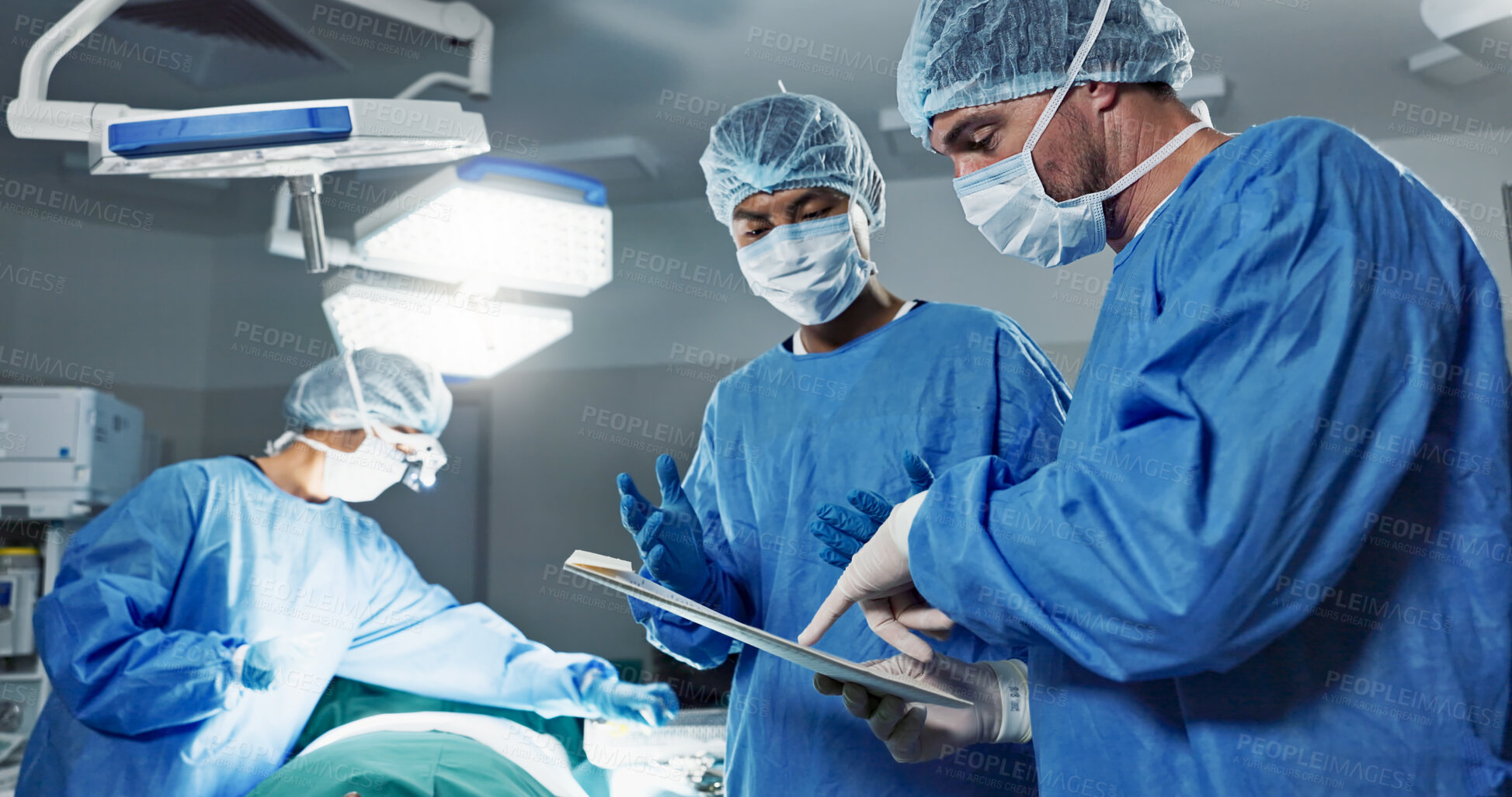 Buy stock photo Hospital, surgeon or patient for surgery, operating room or chart. Operation, medical or diagnosis for chart, explaining or nurse to help, healthcare, check or discussion for care, job or procedure