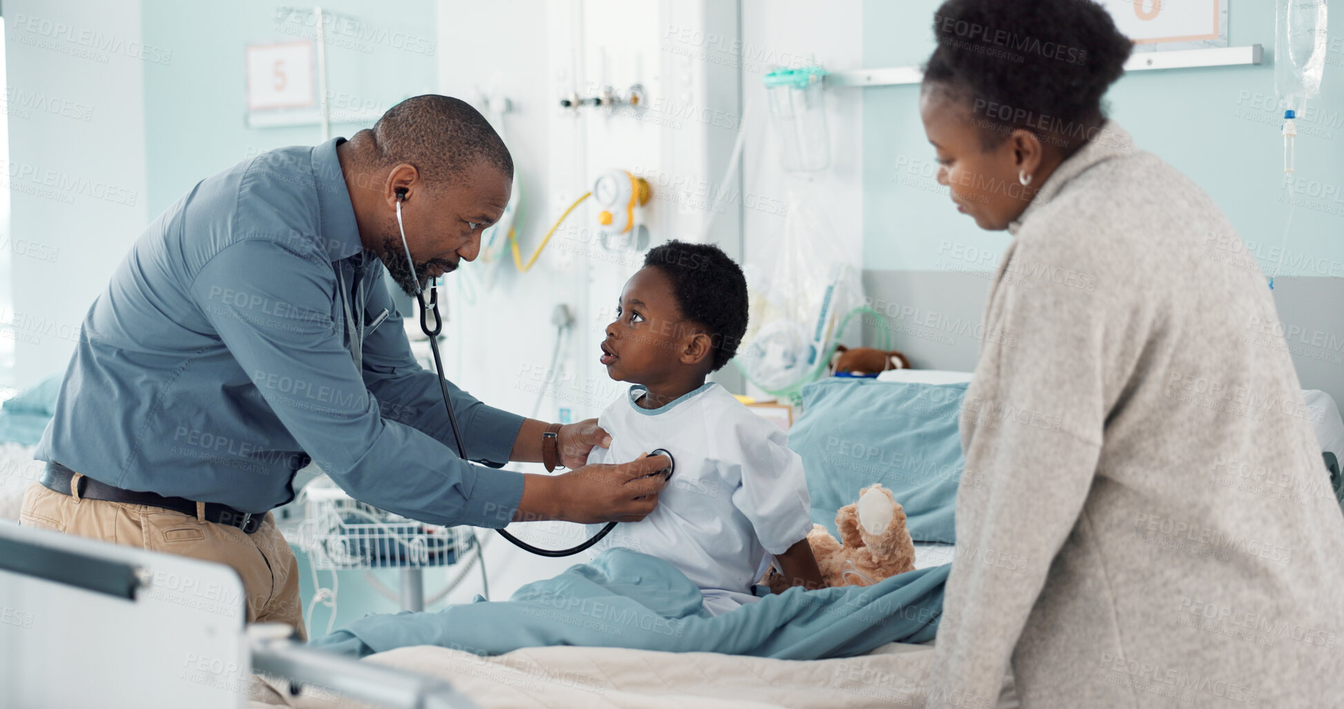 Buy stock photo Pediatrician, African and parent with child in hospital for check or healthcare consultation in clinic for health assessment. Medical, cardiology and mom love kid with support and doctor with advice