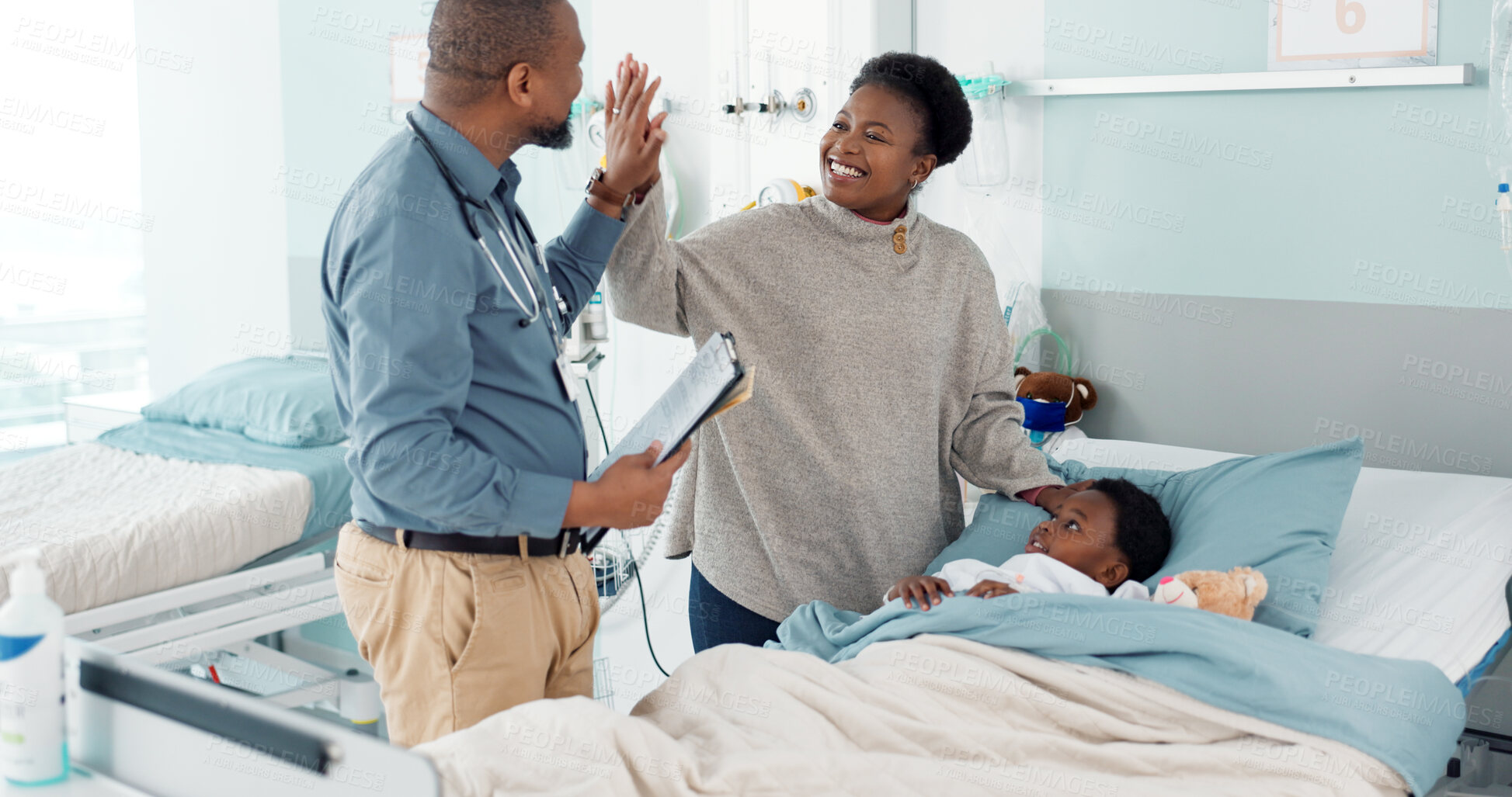 Buy stock photo Doctor, high five and child in hospital, bed or healing in clinic with results or celebration in surgery rehabilitation. Happy, kid and surgeon support patient, mother and success in healthcare