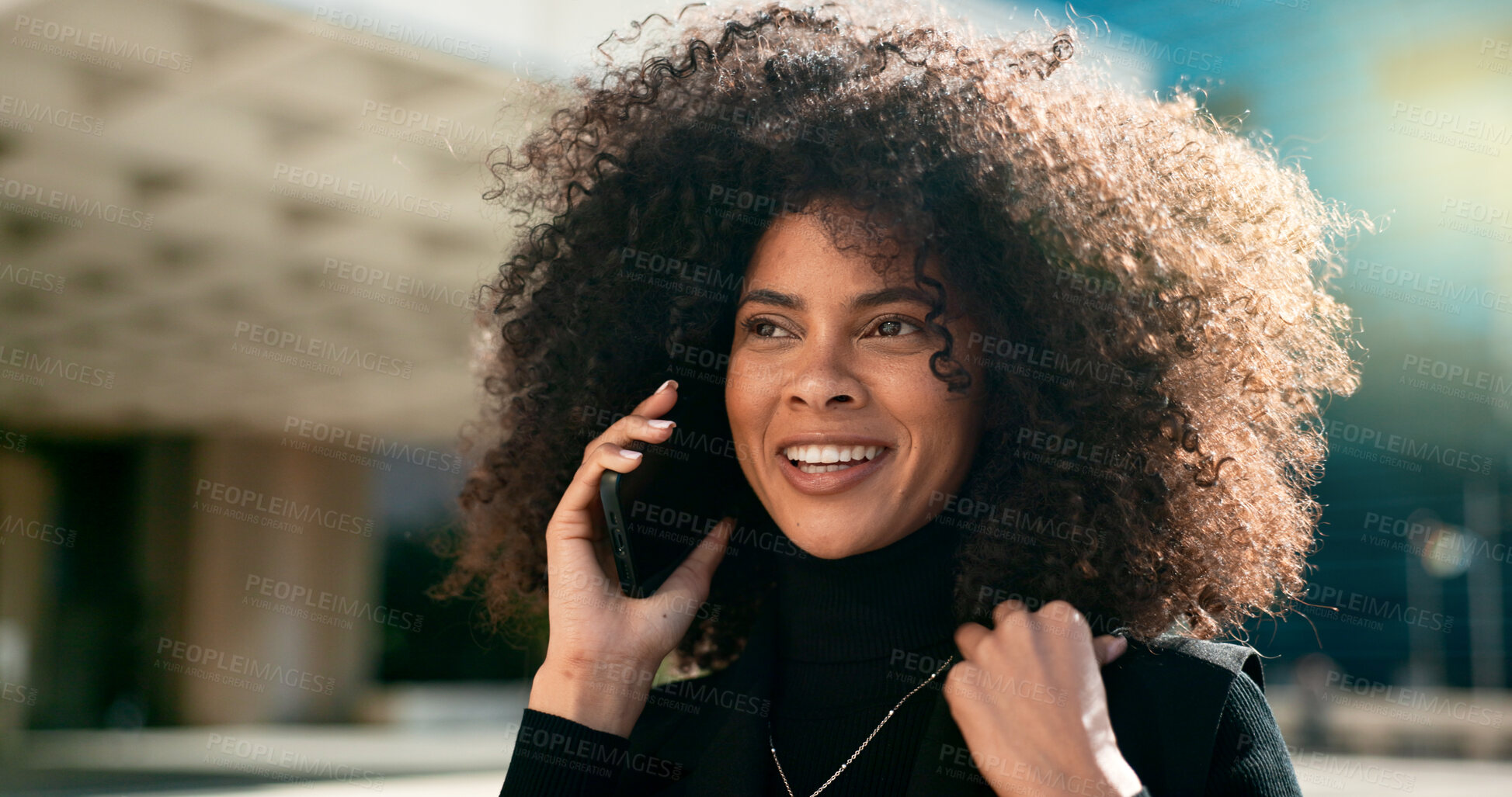 Buy stock photo Outdoor, phone call and woman with a smile, funny and contact with communication, connection and speaking. Person in a city, lens flare and happy girl with a smartphone, conversation and digital app