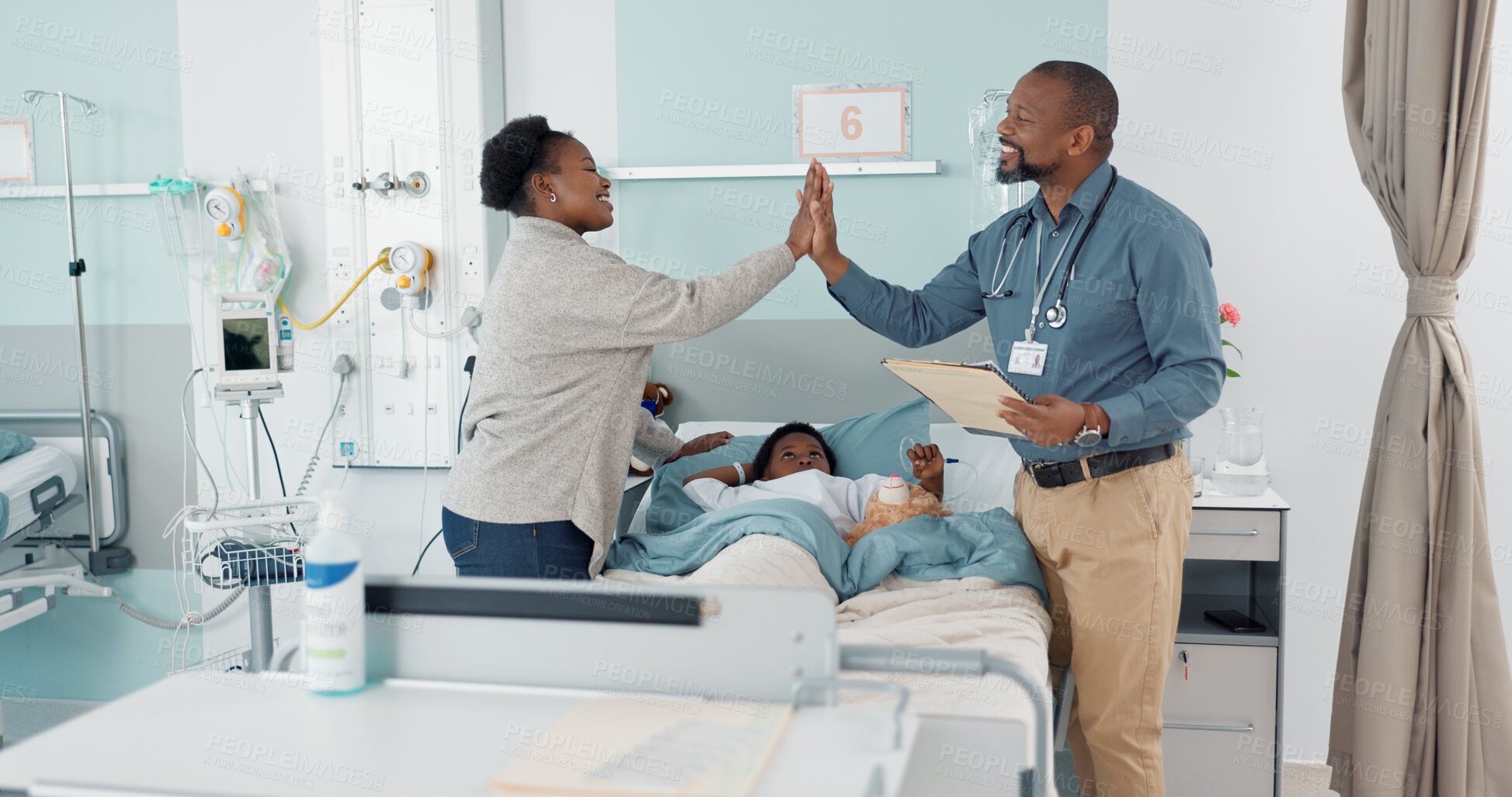 Buy stock photo Pediatrician, high five and parent with child in hospital for healthcare consultation in a clinic for health assessment. Medicine, success and mom love kid with care, support and doctor winning