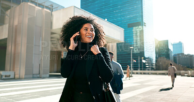 Buy stock photo Walking, city or happy businesswoman on a phone call talking, networking or speaking in travel. Mobile communication, chat or biracial female entrepreneur in conversation, discussion or negotiation