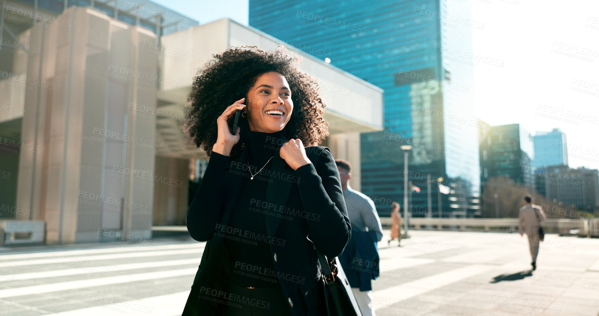 Buy stock photo Walking, city or happy businesswoman on a phone call talking, networking or speaking in travel. Mobile communication, chat or biracial female entrepreneur in conversation, discussion or negotiation