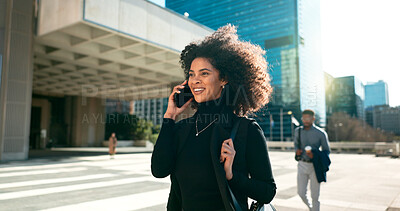 Walking, smile or businesswoman in city on a phone call talking, networking or speaking in travel. Mobile communication, chat or happy female entrepreneur in conversation, discussion or negotiation