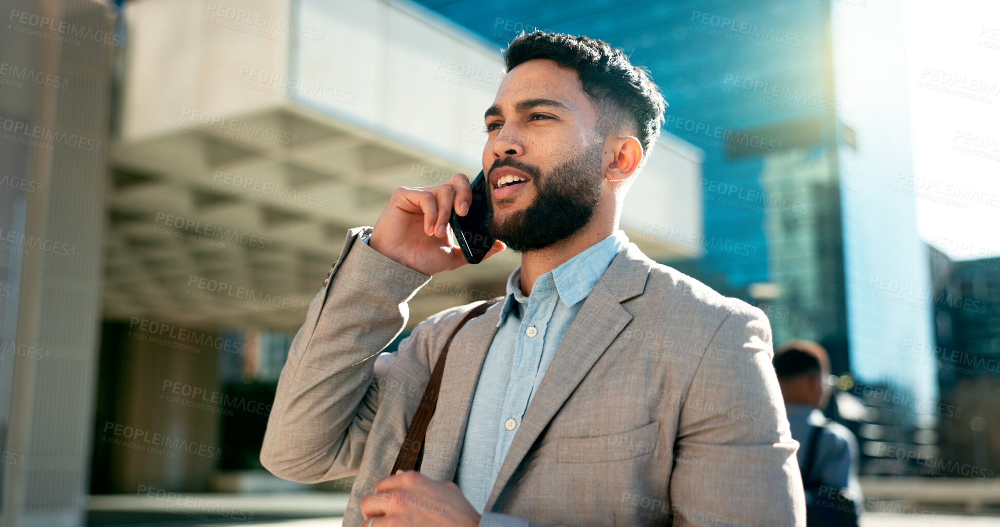 Buy stock photo City, phone call and business man with time or check watch for schedule, job opportunity and travel communication. Corporate worker talking on mobile and walking fast for appointment or urban journey