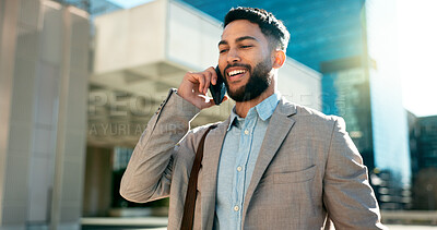 Buy stock photo City, phone call and business man with time or check watch for schedule, job opportunity and travel communication. Corporate worker talking on mobile and walking fast for appointment or urban journey
