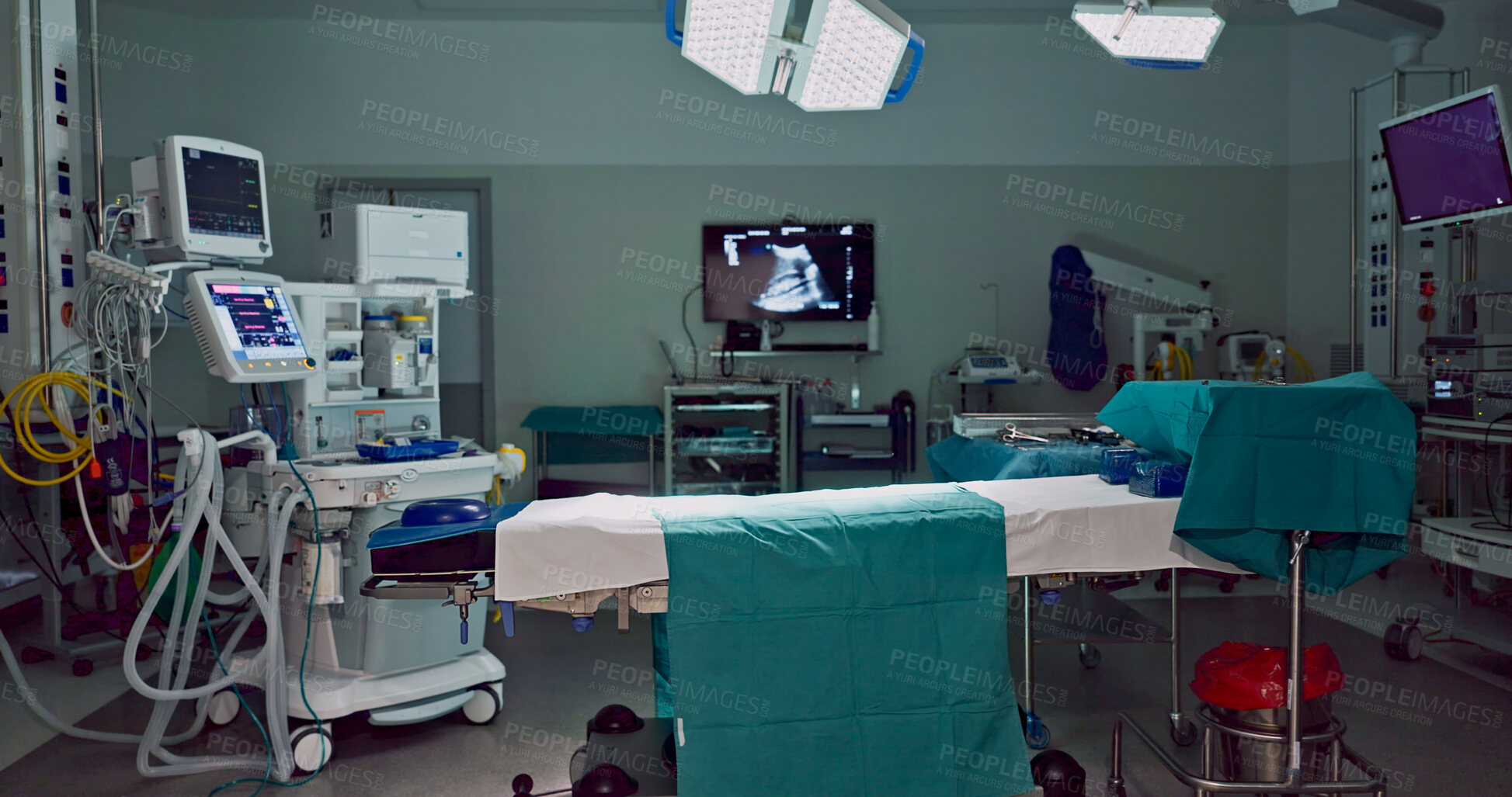 Buy stock photo Empty, dark hospital and room for operation, emergency service and healing patient. Healthcare backgrounds, surgery theatre and interior of bed, machine and medical tools for wellness, help and risk