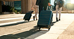 Man, business and travel with work for corporate, professional and luggage for airport to plane. Formal, career and executives with luxury in first class and visa, itinerary and hotel reservation