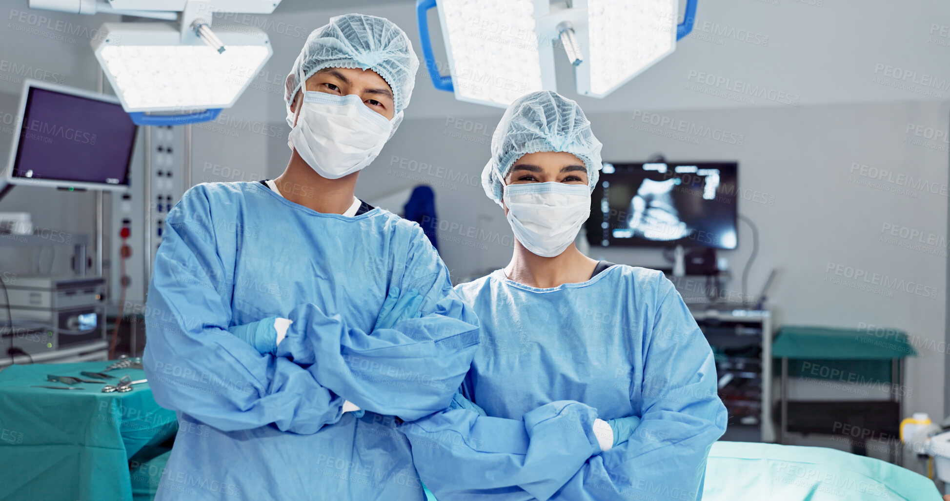 Buy stock photo Team, doctor and arms crossed with mask of professional in ICU for surgery, healthcare or procedure at hospital. Medical surgeon people in confidence, expert or teamwork for emergency care at clinic