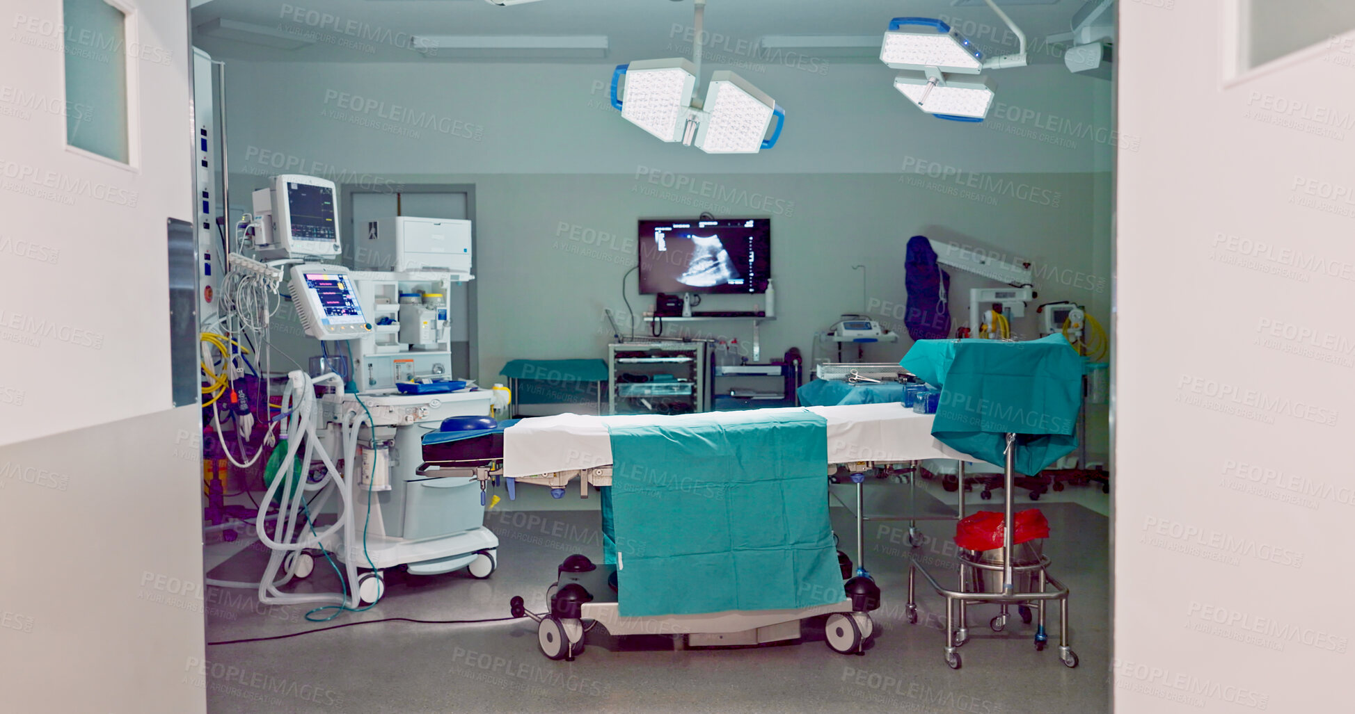 Buy stock photo Empty hospital, medical and operation room for emergency service, healing patient and interior. Healthcare backgrounds, surgery theatre and bed with machine tools for wellness, medicine and treatment