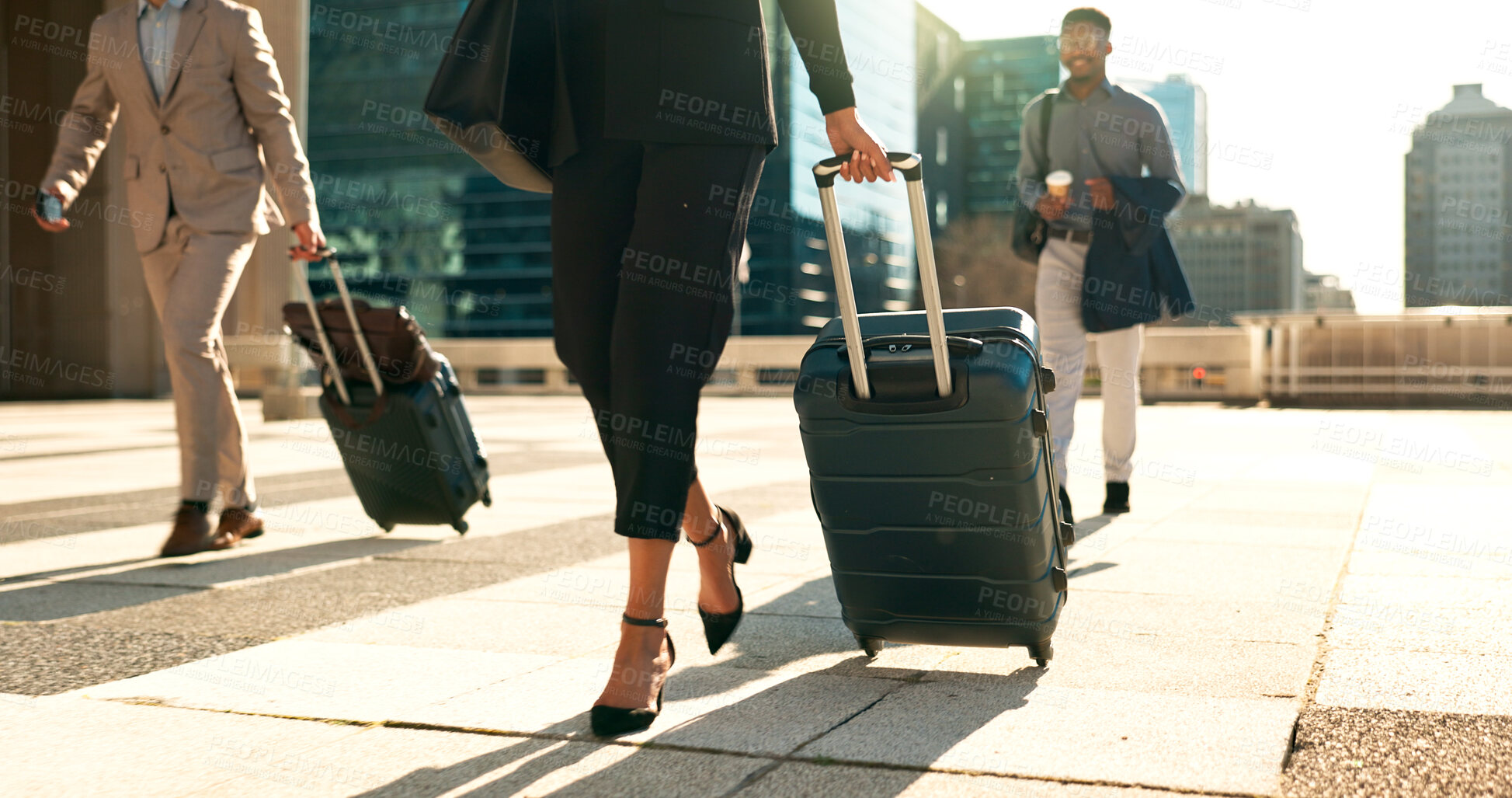 Buy stock photo Business, legs and luggage for travel in city with corporate people walking to hotel, airport or business opportunity. Professional woman or men feet and steps with suitcase outdoor in career journey