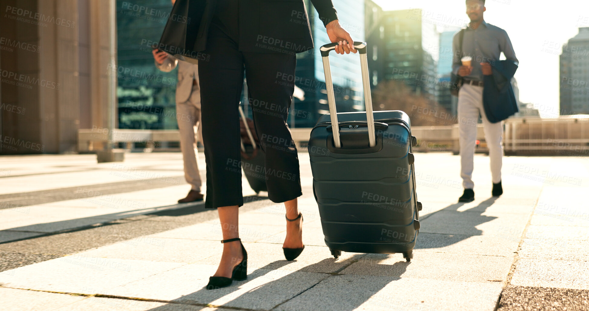 Buy stock photo Man, woman and travel with work for corporate, professional and airport with luggage to plane. Formal, career and executives with luxury in first class and visa, booking and