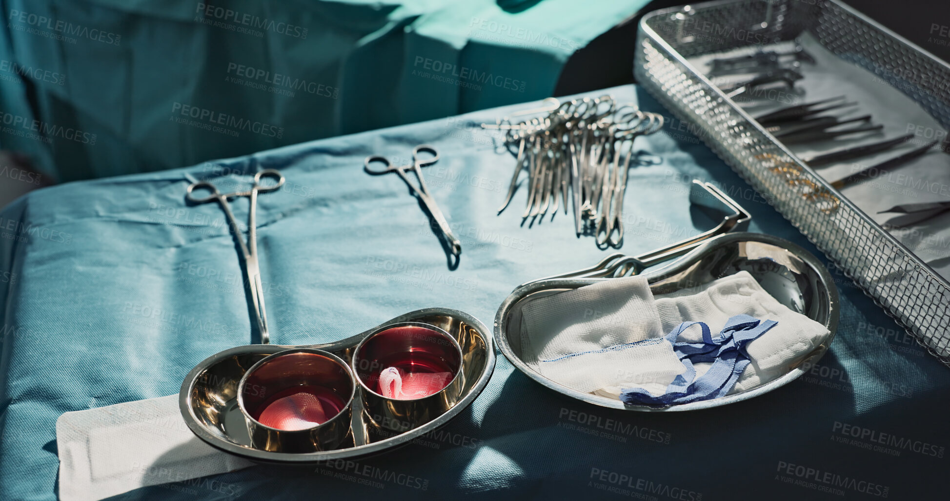 Buy stock photo Surgery, health and metal tools in operation theater, help in medicine for treatment and closeup of equipment. Medical, surgical instrument or scissors at clinic, healthcare background and procedure