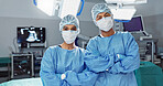 Team, doctor and arms crossed with mask of professional in ICU for surgery, healthcare or procedure at hospital. Medical surgeon people in confidence, expert or teamwork for emergency care at clinic