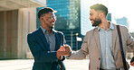 Outdoor, men and walking with business people, handshake and planning with smartphone, smile and hug. Staff, city and coworkers with feedback, speaking and cooperation with professional and talking