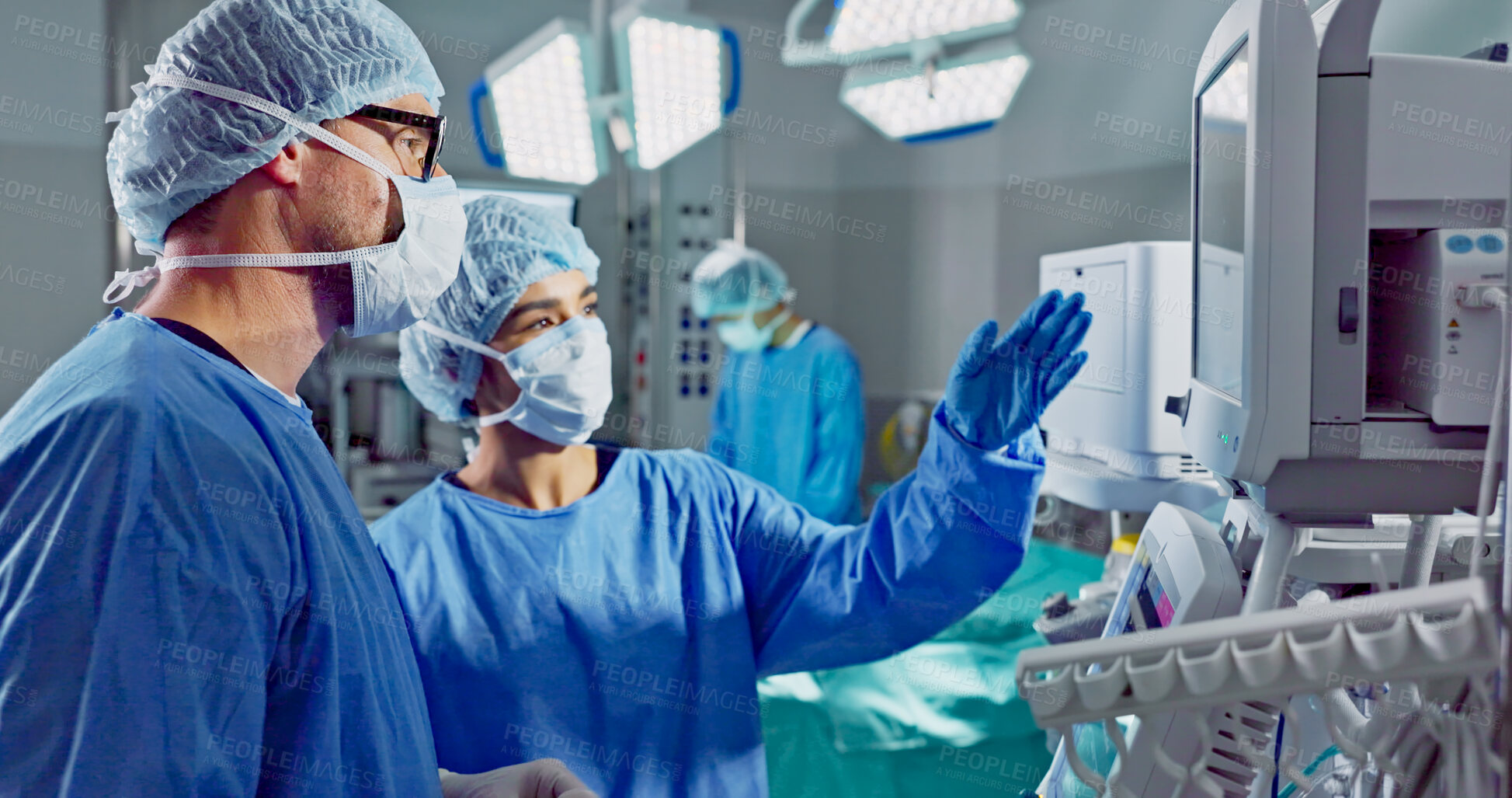 Buy stock photo Hospital, doctor and patient monitor for surgery, operating room and setting machine. Operation, medical or diagnosis for high blood pressure, vital signs and data change in anesthesia, type or check