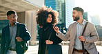 Business people, phone and walking in city for team, communication and networking or talking of travel opportunity. Professional employees, men and women   outdoor, mobile chat or contact information