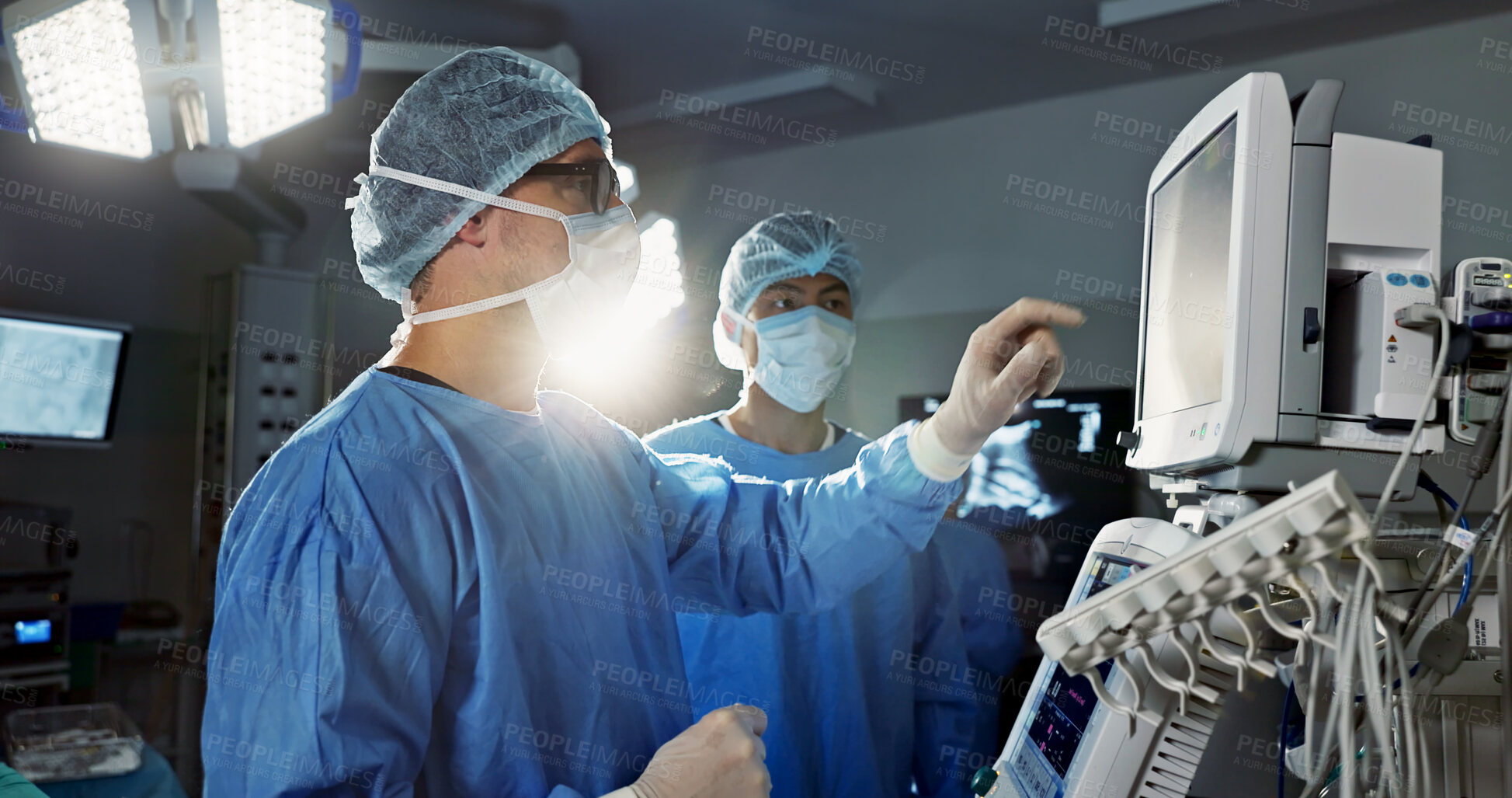 Buy stock photo Hospital, doctor and patient monitor for surgery, operating room and setting machine. Operation, medical or diagnosis for high blood pressure, vital signs and data change in anesthesia, type or check