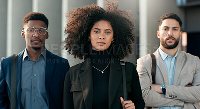 Buy stock photo Business people, portrait and professional in teamwork, confidence or career ambition at office. Group of confident employees in diversity ready for team mission, travel or work trip at workplace