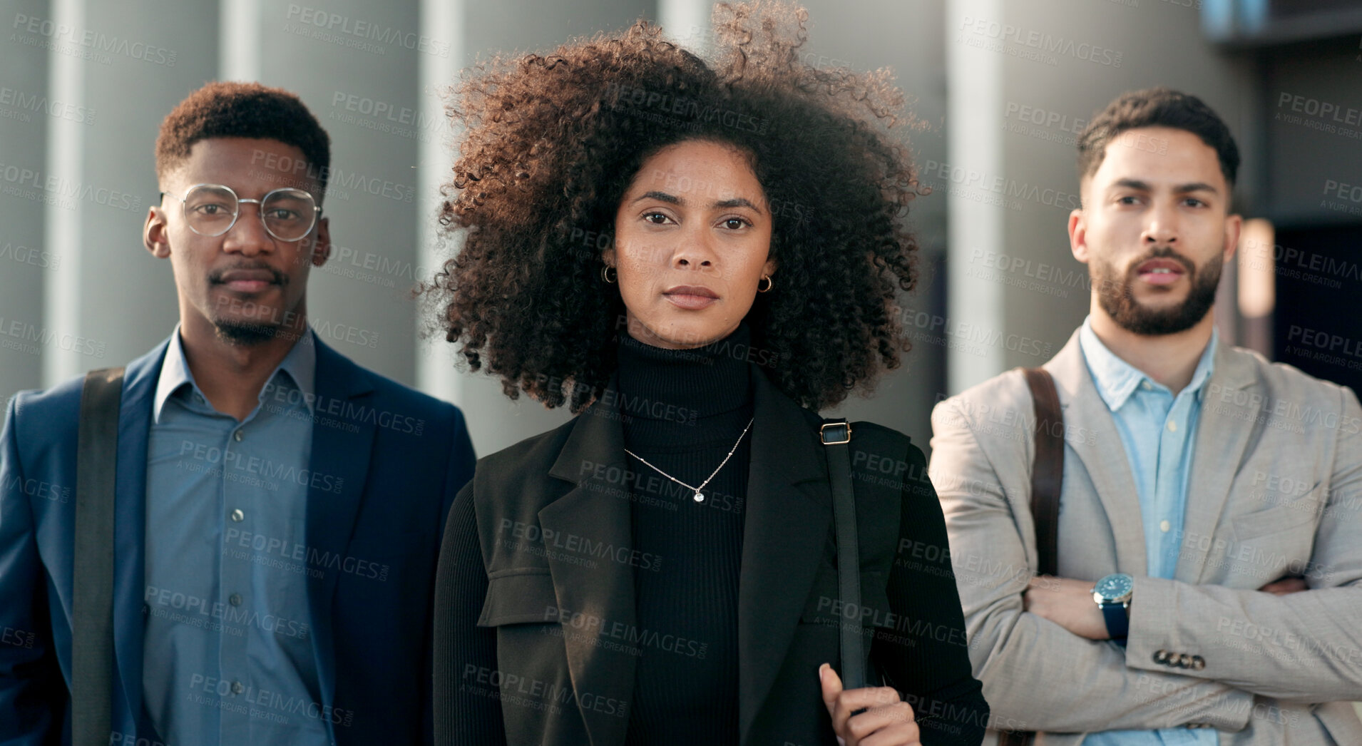 Buy stock photo Business people, portrait and professional in teamwork, confidence or career ambition at office. Group of confident employees in diversity ready for team mission, travel or work trip at workplace