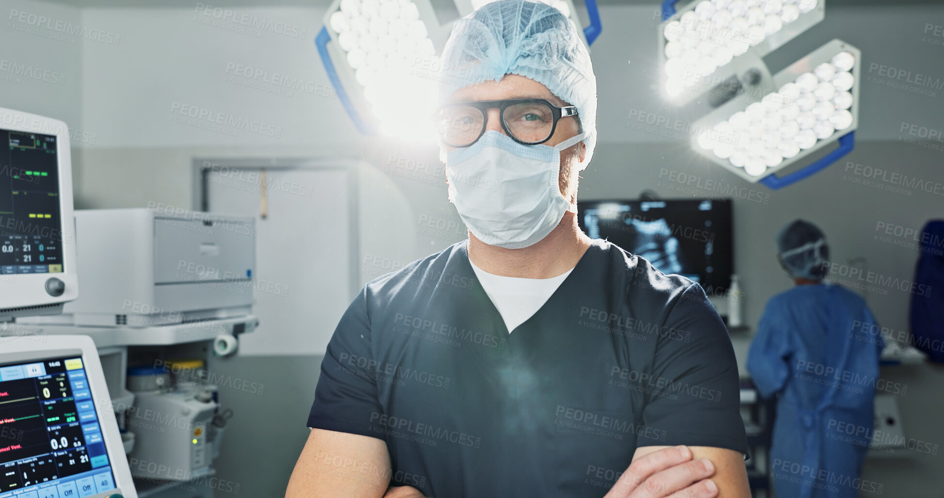 Buy stock photo Surgeon, doctor and man in portrait with arms crossed, healthcare and confidence in operation theater for medical procedure. Surgery, health professional and help in hospital, expert with face mask