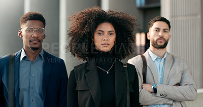 Buy stock photo Portrait, collaboration and leadership with a business team in the city together for corporate management. Teamwork, confident or serious with a young woman leader and her employee group in town