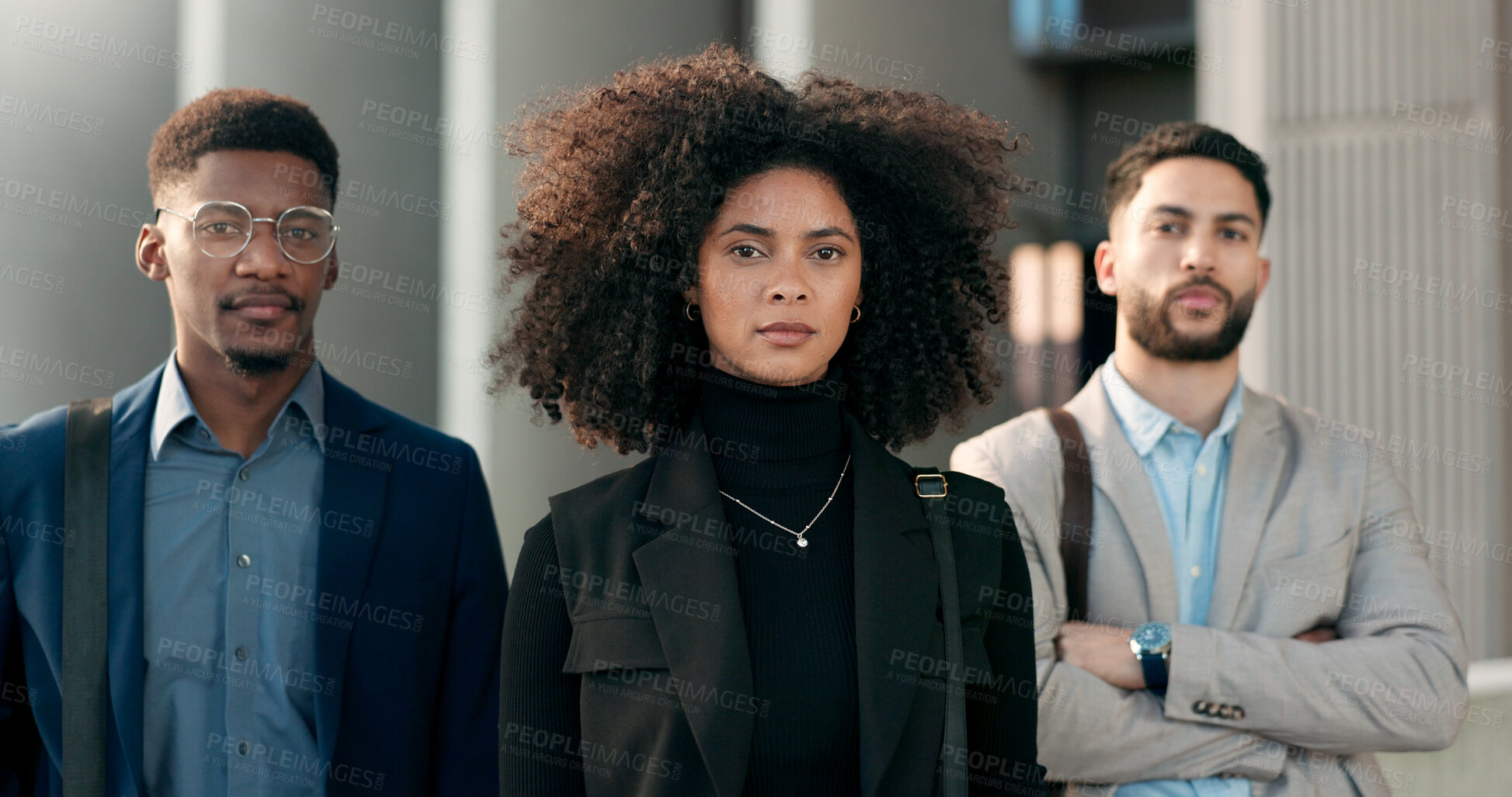 Buy stock photo Portrait, collaboration and leadership with a business team in the city together for corporate management. Teamwork, confident or serious with a young woman leader and her employee group in town