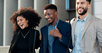Happy business people, team and walk in street, city or laugh with comic joke for attorney group. Men, woman or corporate law employees in funny chat, friends or outdoor in metro cbd, road or morning
