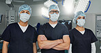 Surgeon team, doctor and people in portrait, healthcare and confidence in operation theater for medical procedure. Surgery, health professional and help in hospital, expert in mask and collaboration