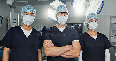 Surgeon team, doctor and people in portrait, healthcare and confidence in operation theater for medical procedure. Surgery, health professional and help in hospital, expert in mask and collaboration