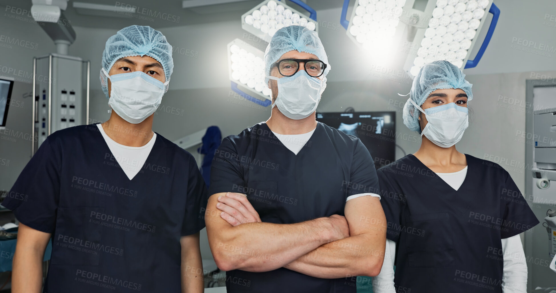 Buy stock photo Surgeon team, doctor and people in portrait, healthcare and confidence in operation theater for medical procedure. Surgery, health professional and help in hospital, expert in mask and collaboration